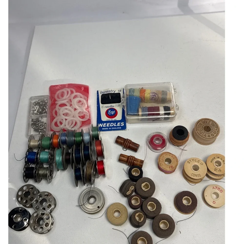 Mixed Vintage Sewing Notions Lot Wood Spools Metal Bobbins Boye Needles Multi